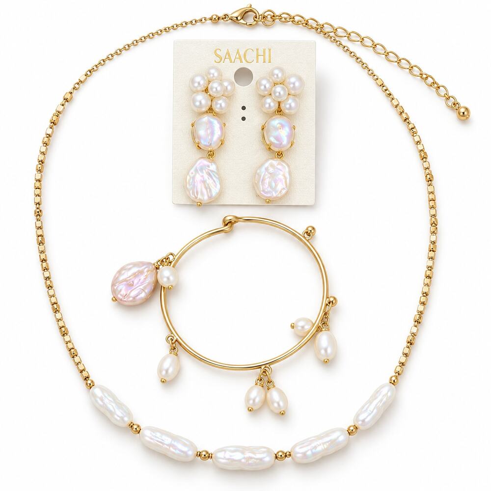 Saachi Gold Tone Irregular Pearl Necklace Bracelet Drop Earrings Set